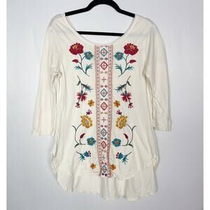 Johnny Was Small Cream Floral Embroidered 3/4 Sleeve Scoop Neck Top Cotton VBack